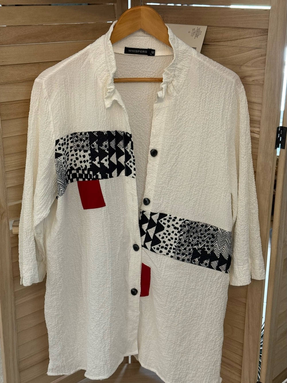 Whispers Textured Jacket Women’s M White Geometric Button Front Tunic